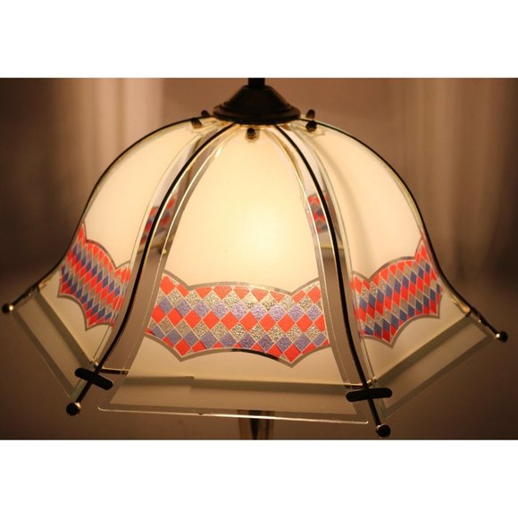 Vtg 1990s White Reverse Printed Checkered Gold Colored Bell Touch Lamp Red White - Picture 7 of 10